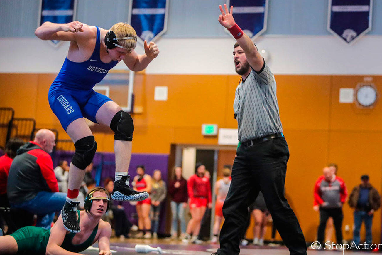 Bothell Cougars wrestler Jay Smith defeated Redmond’s George Matusevych 17-0 in the 4A KingCo wrestling tournament 182-pound championship match on Feb. 2 at North Creek High School. Photo courtesy of Don Borin/Stop Action Photography