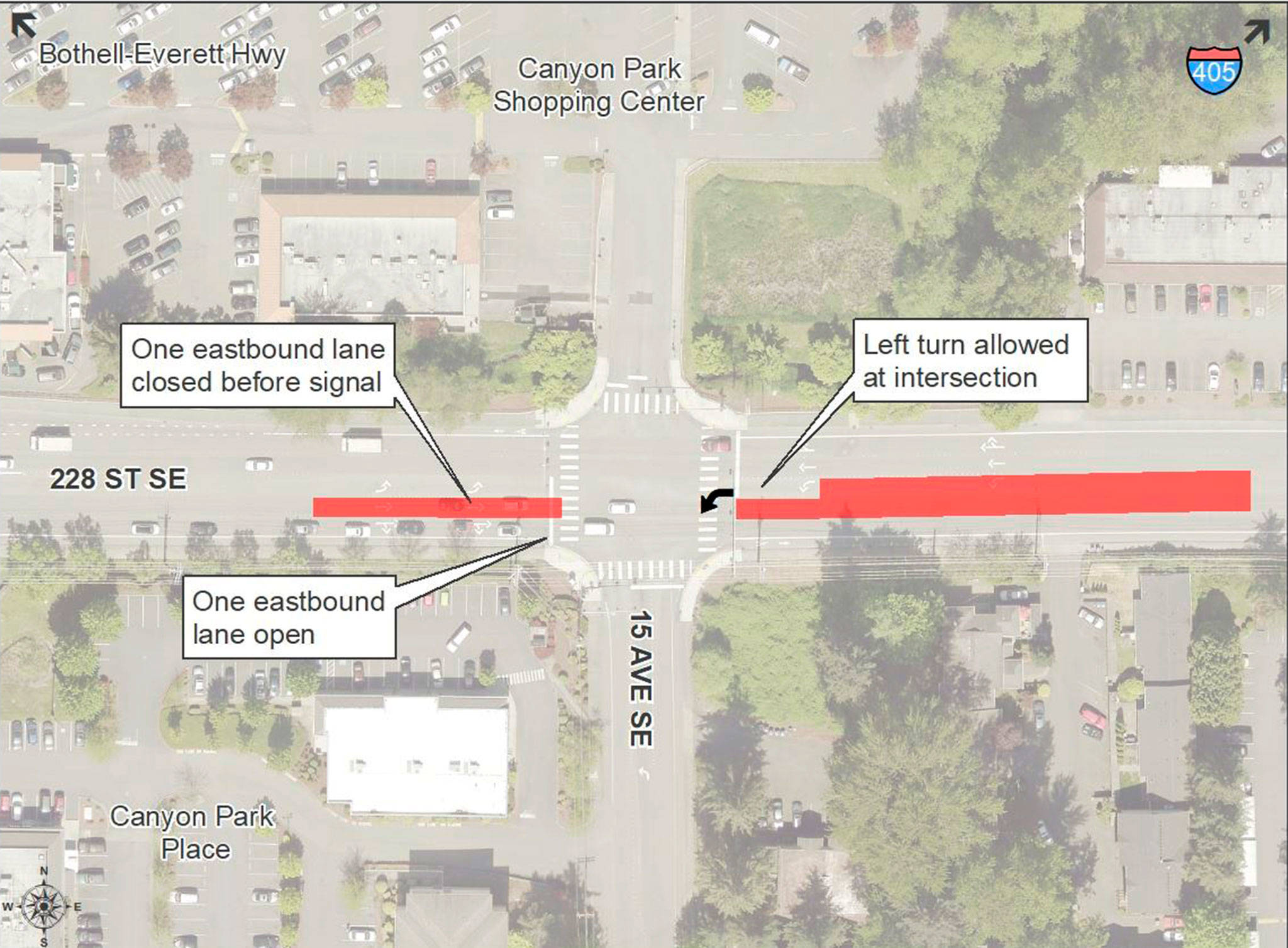 A construction project intended to deal with groundwater and rain that has been “puddling” and freezing in the center of 228th Avenue Southeast, just east of 15th Avenue Southeast, has been delayed. Image courtesy of the city of Bothell