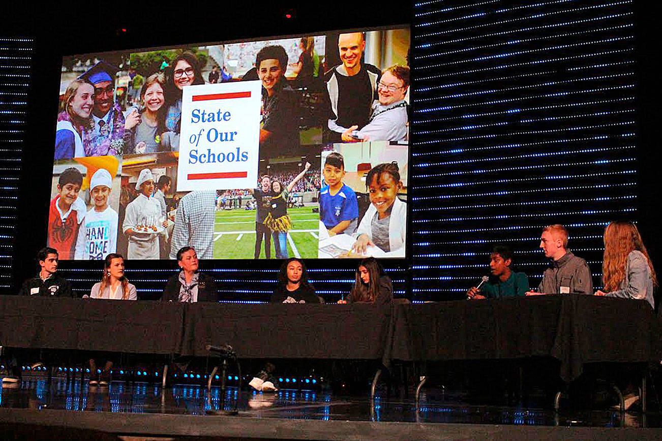 Dr. Michelle Reid leads the NSD student board through an open discussion at the second annual State of Our Schools event. From left: James Johnson (Bothell High School), Audrey Tacey (North Creek High School), Dr. Michelle Reid (superintendent), Cynthia Davis (Woodinville High School), Anisha Chowdhry (Inglemoor High School), Esh Sathiamoorthy (Woodinville High School), TJ Ingersoll (North Creek High School) and Stephanie Clear (Northshore Networks). Madison Miller/staff photo