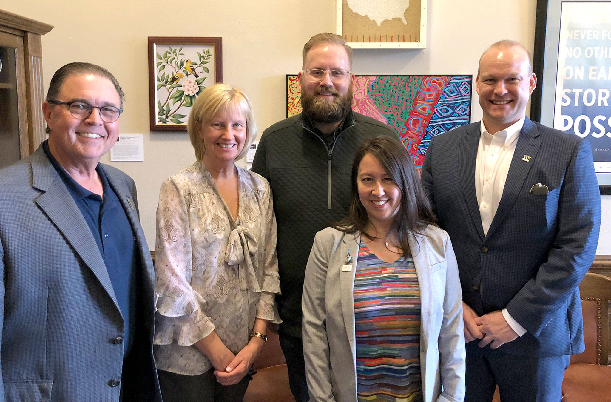 Bothell Deputy Mayor Davina Duerr and Councilmembers Liam Olsen and Tom Agnew meet with Catherine Jansen and Sen. Marko Liias in Olympia. Photo courtesy of Barbara Ramey