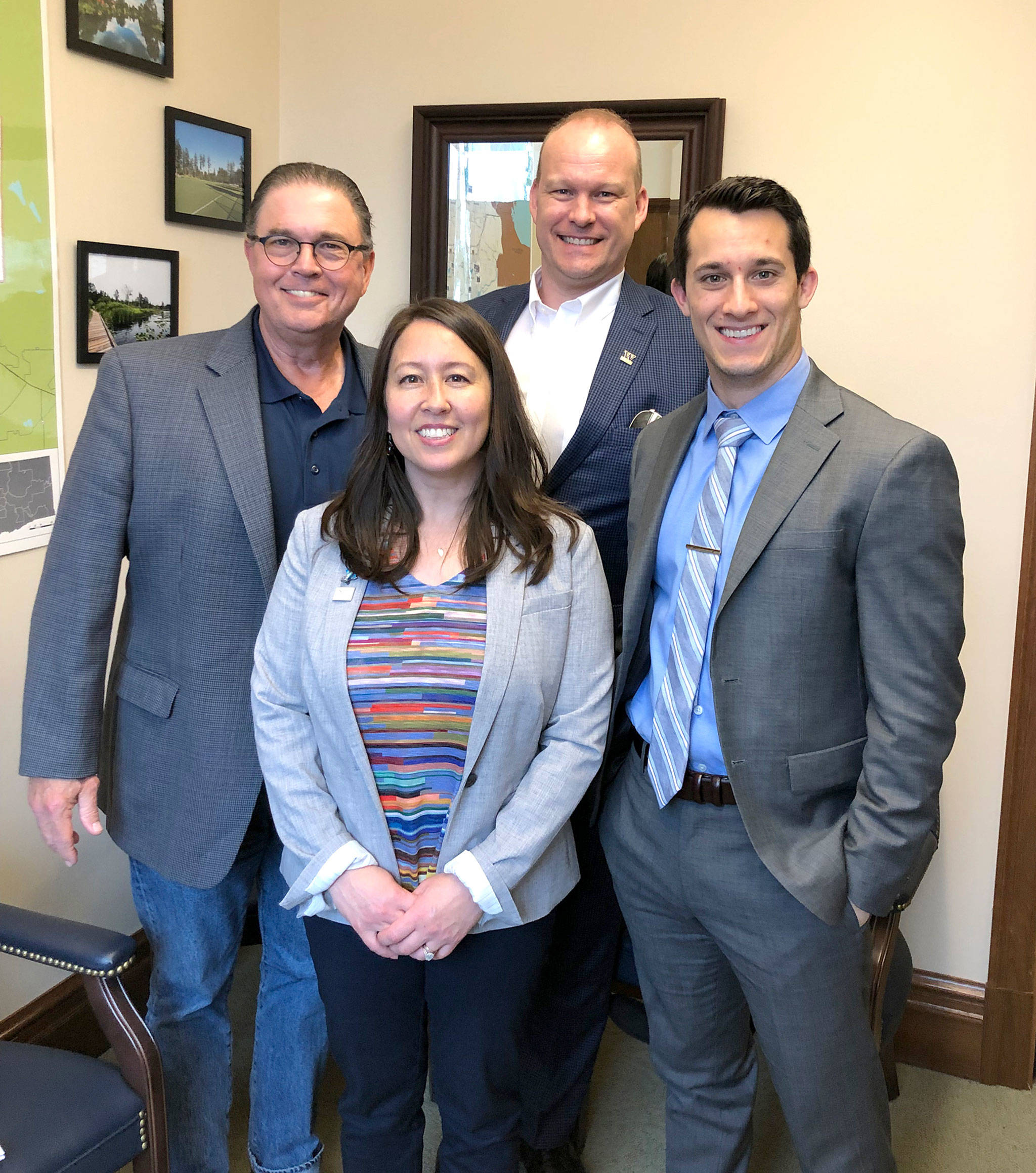 Bothell Deputy Mayor Davina Duerr and Councilmembers Liam Olsen and Tom Agnew meet with Rep. Jared Mead in Olympia. Photo courtesy of Barbara Ramey