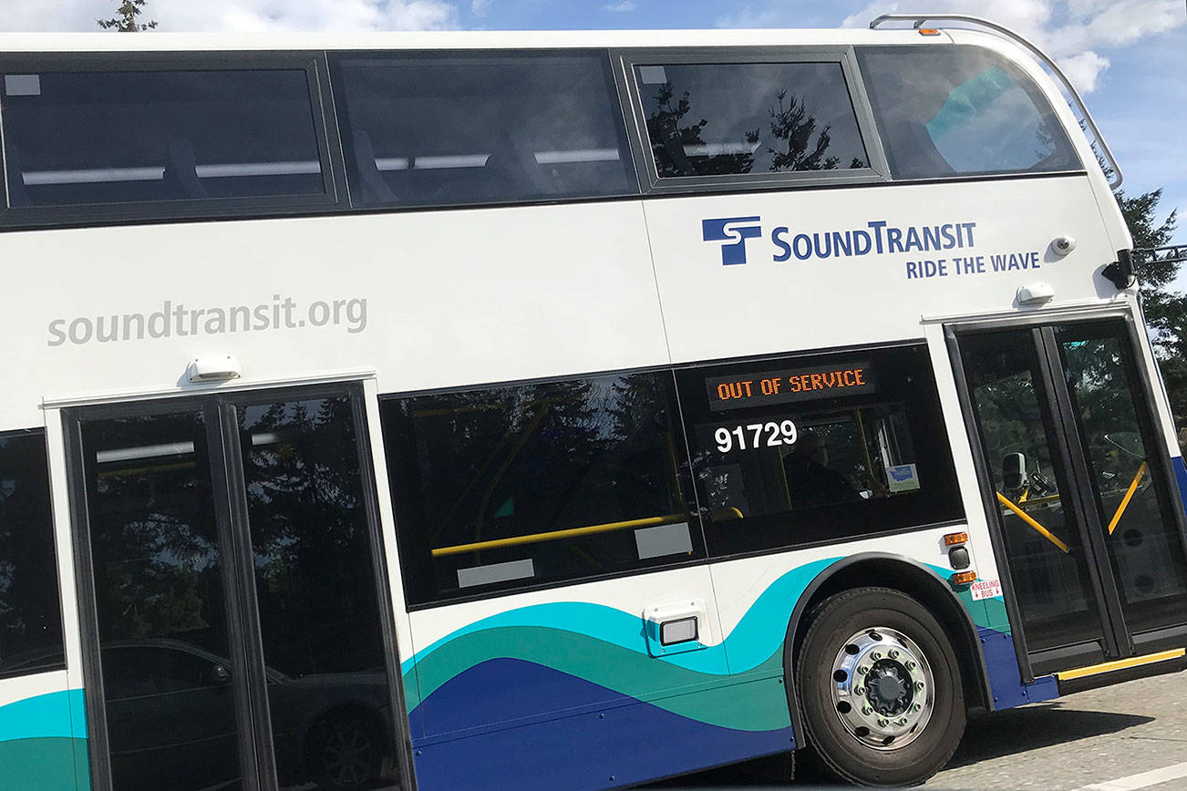 Kailan Manandic/staff photo                                 The Sound Transit double-decker buses replace the articulated buses on Everett to Bellevue routes along I-405. The 14.5-foot tall buses seat more people for an equal footprint and similar fuel economy.