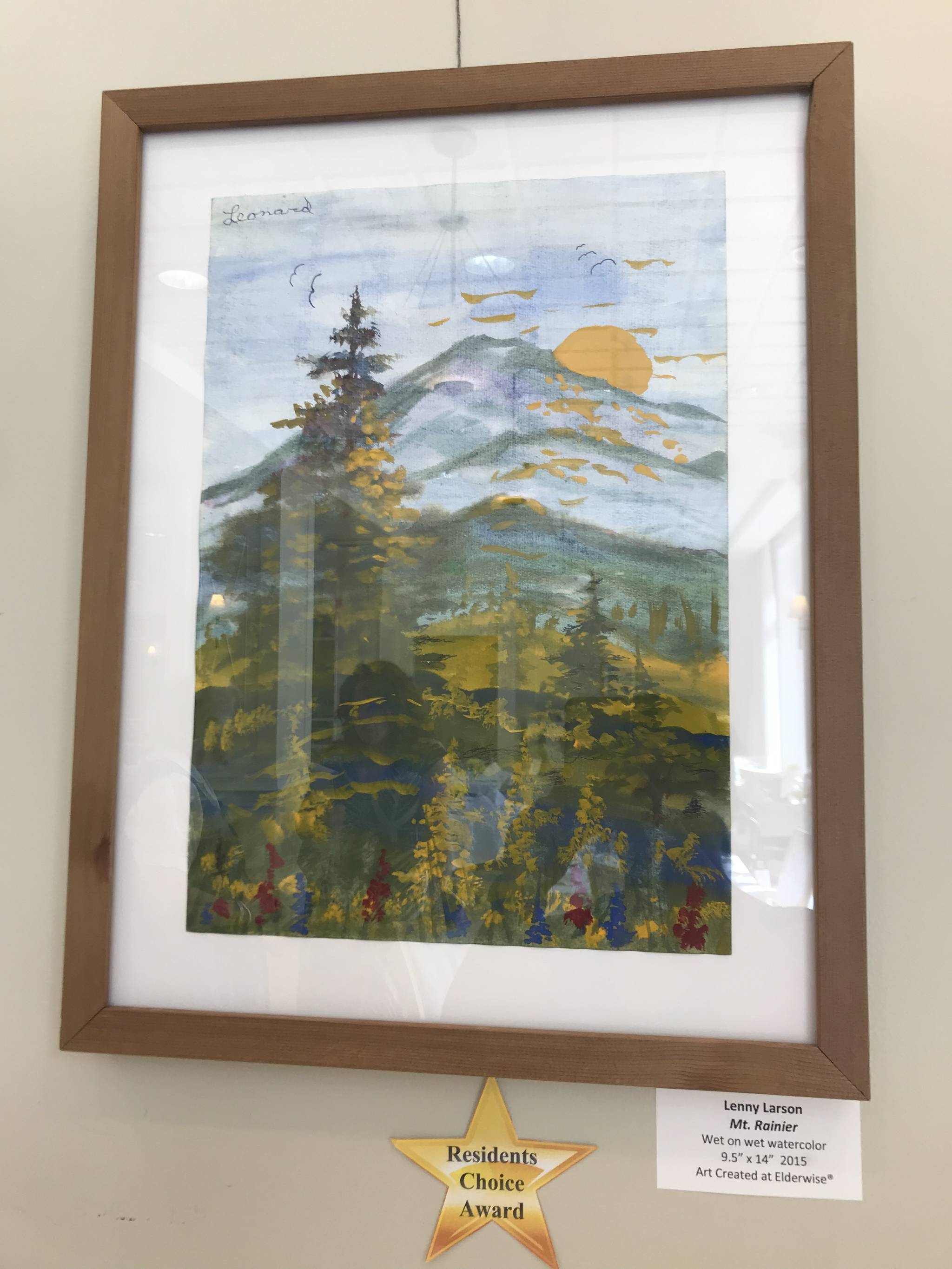 Lenny Larson’s painting, “Mt. Rainier,” received the Residents Choice Award at The Gardens at Town Square, where it is currently on display as part of “The Art of Alzheimer’s.”