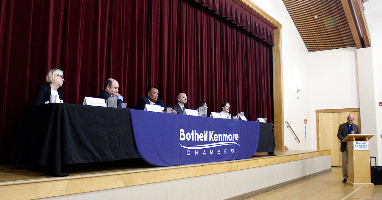 Bothell candidates spoke on several topics of concern in the community. From left to right: Leigh Henderson, Mason Thompson, James McNeal, Matt Seymour, Davina Duerr, Sean Palermo and Eric Murray. Blake Peterson/staff photo