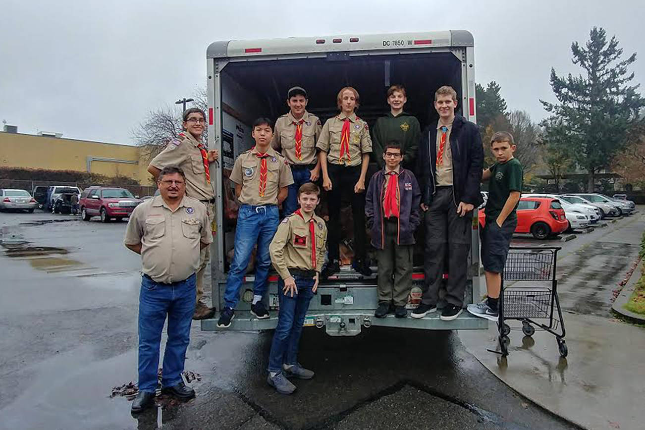Boy scouts representing Troop 622 collected donations at the entrances of the Bothell Fred Meyer from Nov.14-16. The scouts collected 5,608 pounds of non-perishable food donations and $536 in cash donations. Top row from left, Aiden Simons, Alex Marquess, Gavin Gardino Andrew Elley, Dylan Swierstra and Jack Connor. Bottom Row: Tom Nelson, Sam Thomas, Ryan Waldrop and Ian Miller. Photo courtesy of of Boy Scouts Troop 622