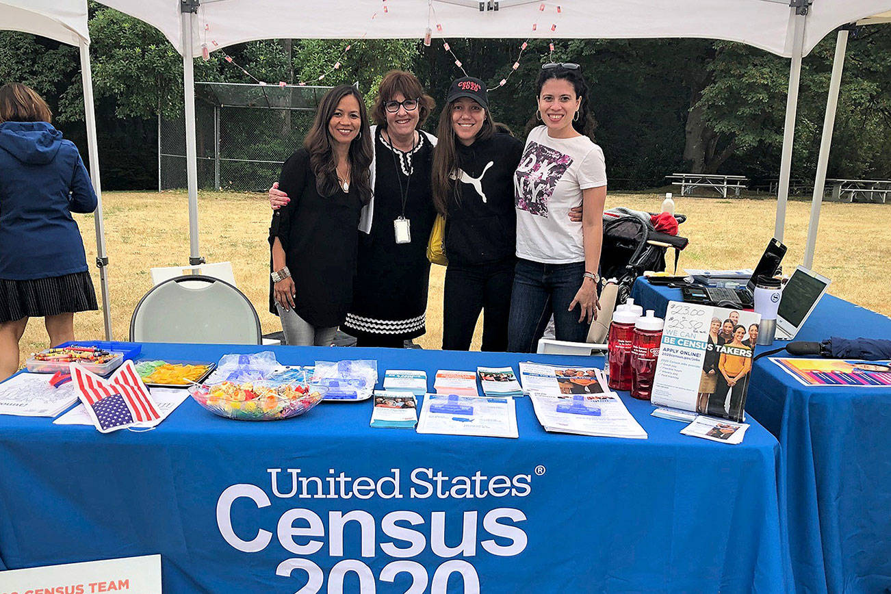 Photo courtesy of Kenmore Complete Count Committee                                From left to right: Committee members Liz Thompson, Francesca Ty Abellera, Pamela Loaiza and Ginna Hernandez tabling last summer.