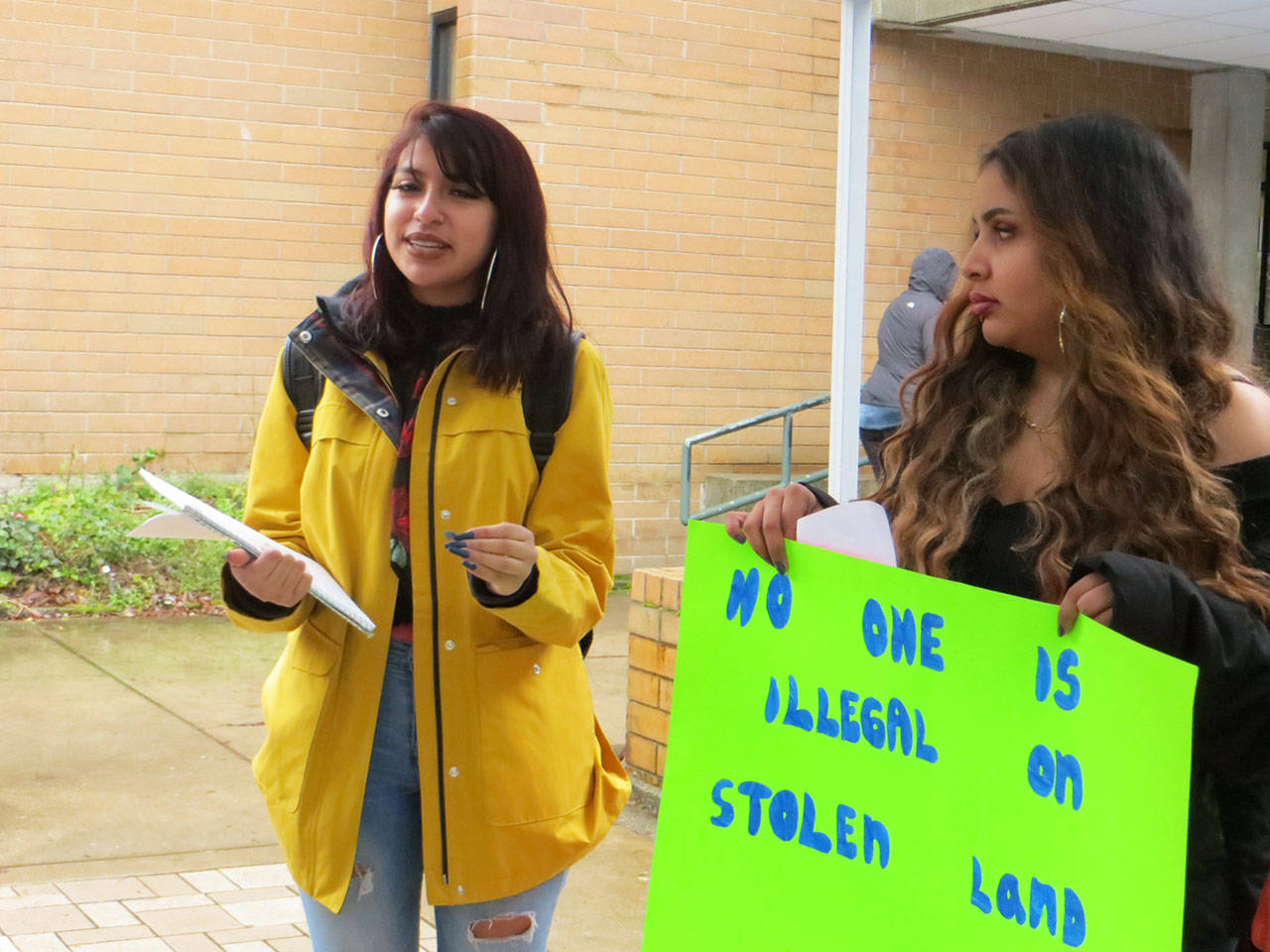 Bellevue College student Vanessa Lora-Garibay speaks on prejudice and discrimination during a rally on campus on Jan. 22. Samantha Pak/staff photo