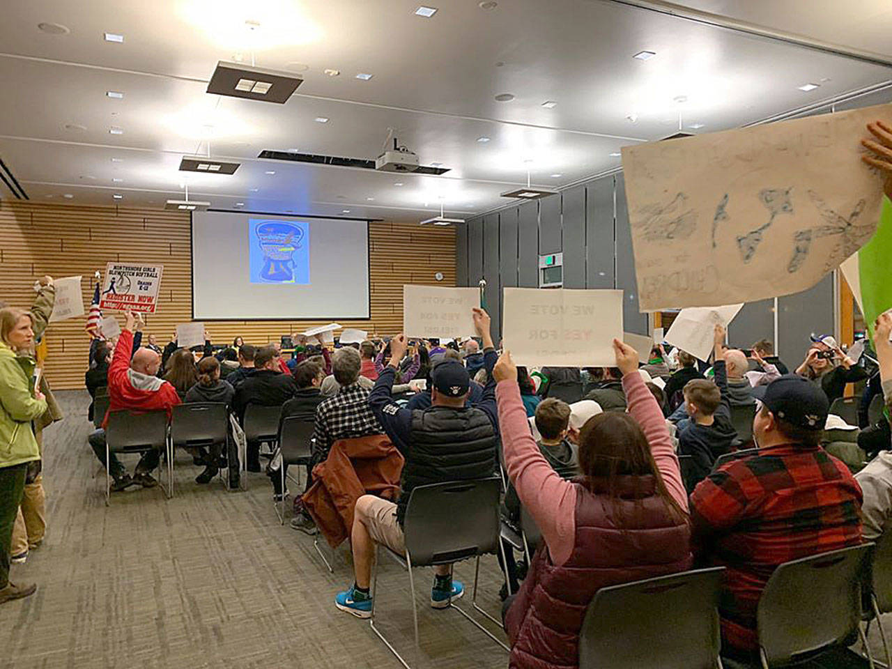 Scores of community members came to the Feb. 3 Kenmore City Council meeting to voice their concerns about the proposed St. Edward State Park athletic field project. Photo courtesy Camp Roots Facebook page
