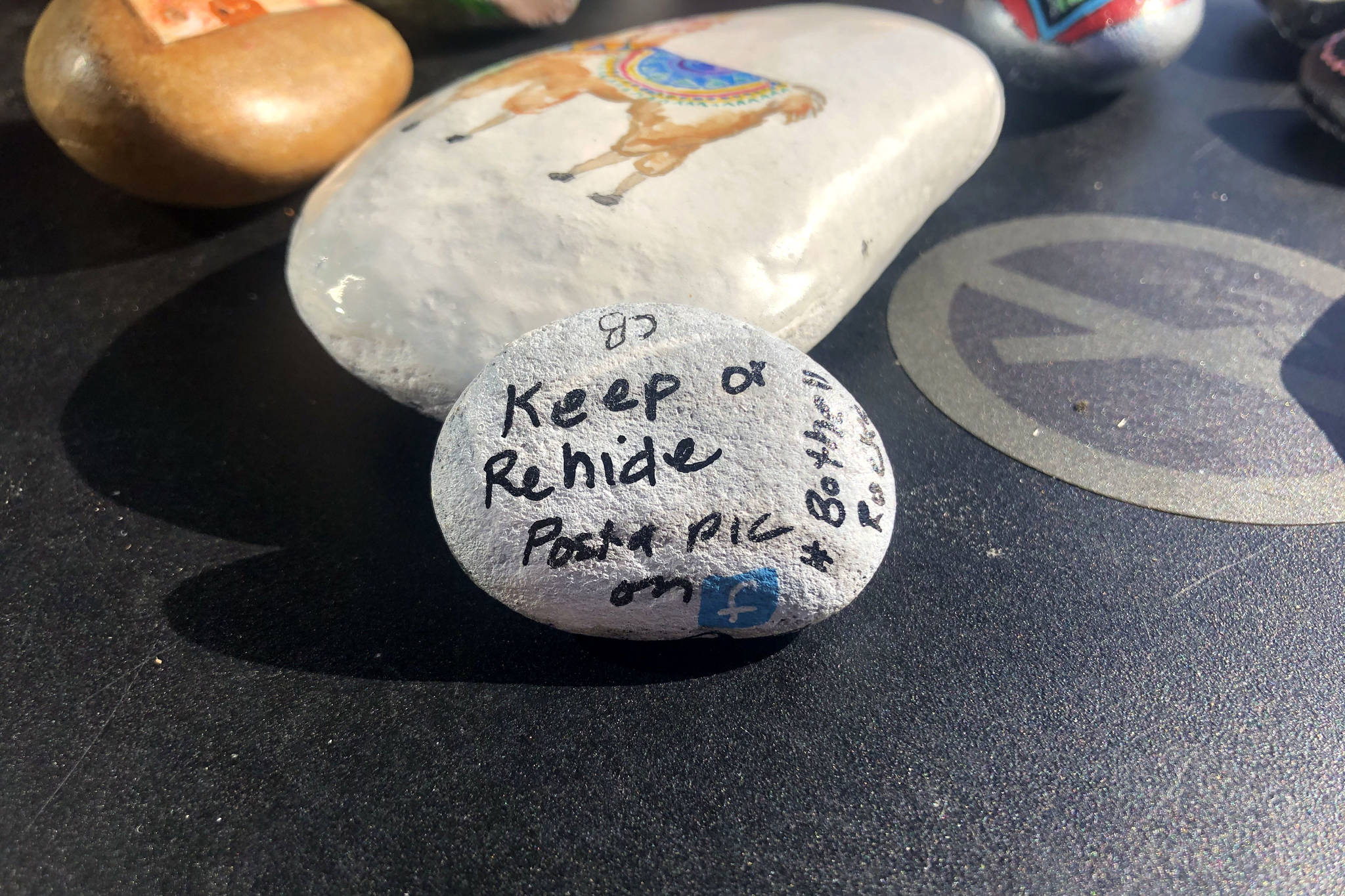 A display of Cynthia Bemis’ rock, in Lynnwood, the back of which instructs finders to keep or re-hide the rock, on Feb. 20, 2020. Mitchell Atencio/staff photo