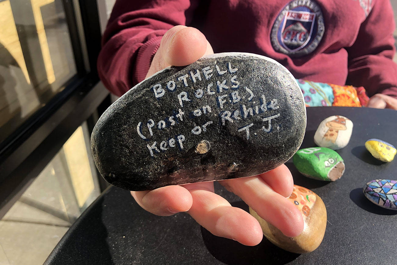 Mitchell Atencio/staff photo                                 Cynthia Bemis displays one of the rocks she found in her years as an administrator in the Bothell Rocks, in Lynnwood on Feb. 20.