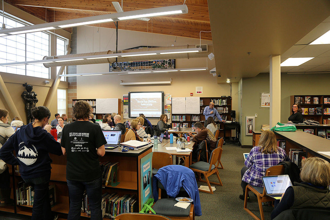 Canyon Park Middle School staff train for online learning March 3. Photo courtesy of Northshore School District