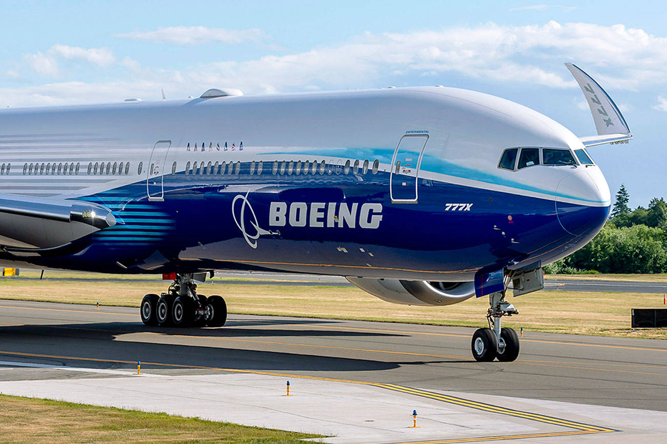 A Boeing 777X during a taxi test. (Boeing Co.)