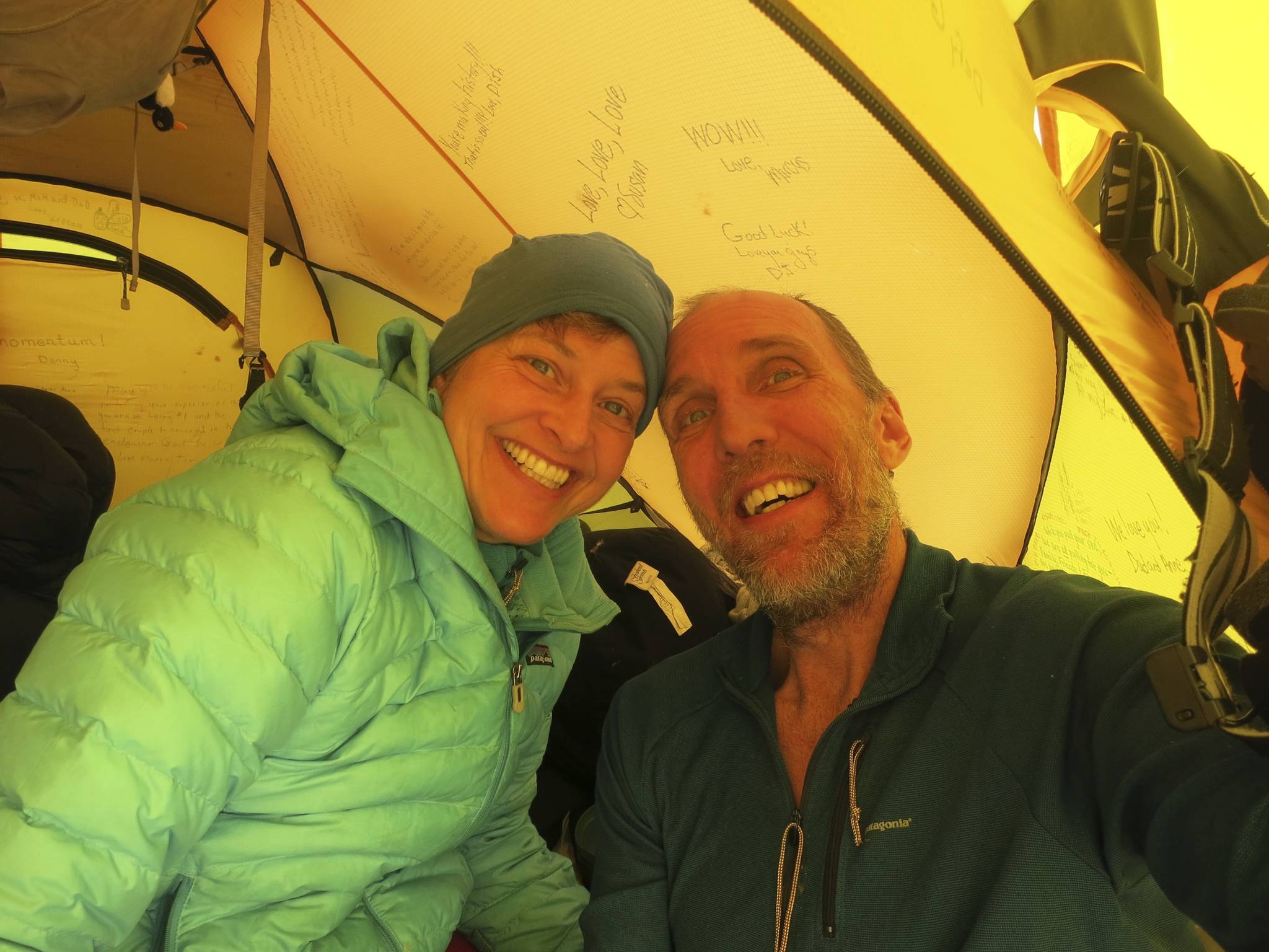 Chris and Marty Fagan in their tent as they traveled across Antarctica in 2014. Contributed by Chris Fagan