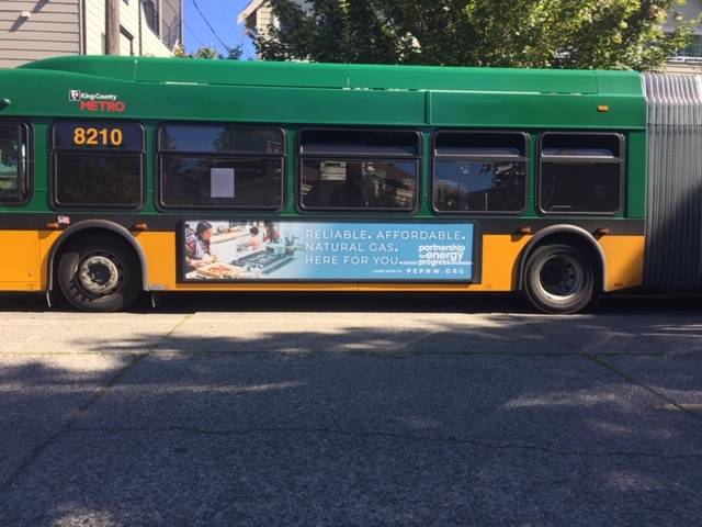 A King County Metro bus with an ad from the natural gas organization Partnership for Energy Progress. Contributed photo
