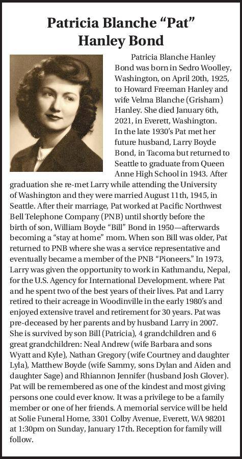 Patricia Blanche "Pat" Hanley Bond | Obituary
