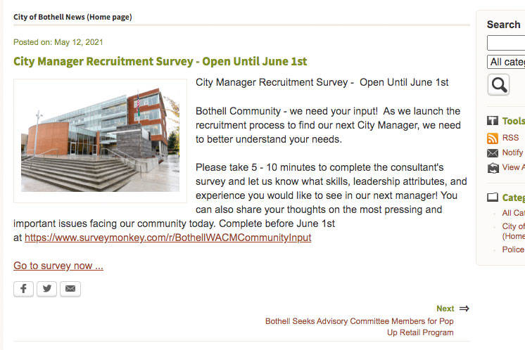 screenshot of City of Bothell website