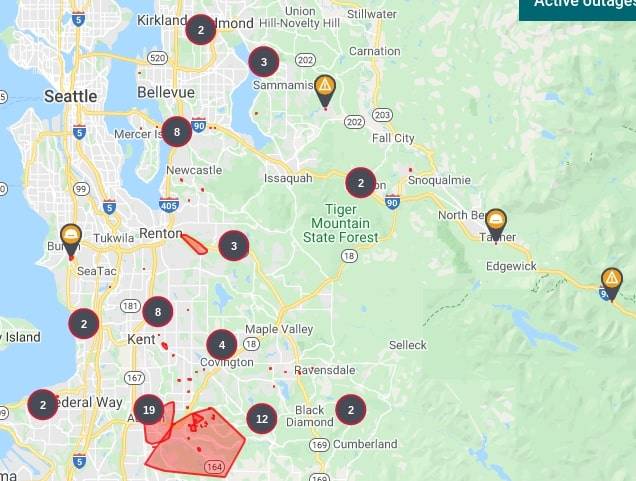 A screenshot of Puget Sound Energy's outage map at around 3 p.m. on June 28. At the time, some 12,300 customers across Western Washington were without power.