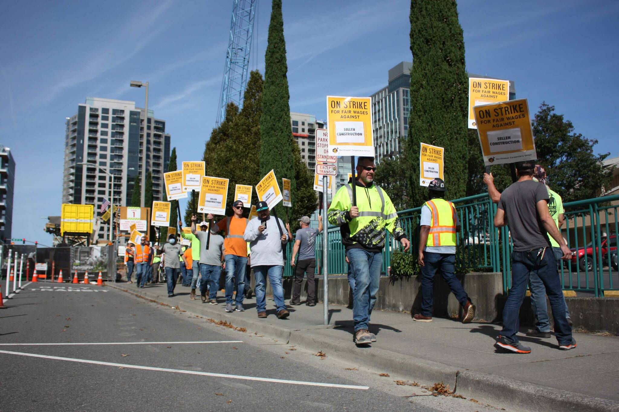 NW Carpenters Union members strike in front of downtown Bellevue construction site (photo by Cameron Sheppard)