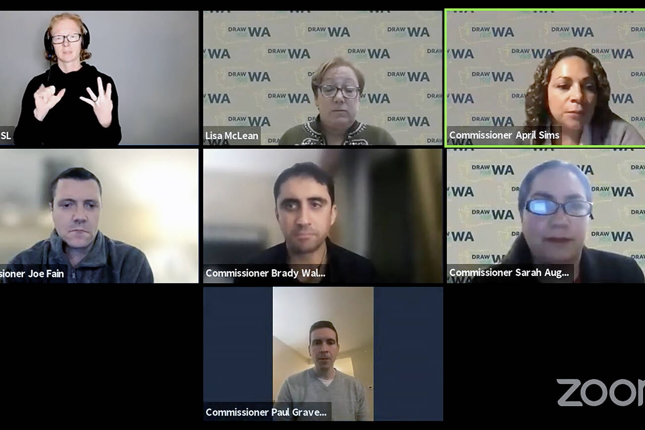 The Washington State Redistricting Commission held a public meeting over Zoom on Monday night to draw the final legislative and congressional district boundaries. Most of the five-hour session was spent in "caucus meetings" which were unavailable to the viewing public. (Washington State Redistricting Commission)