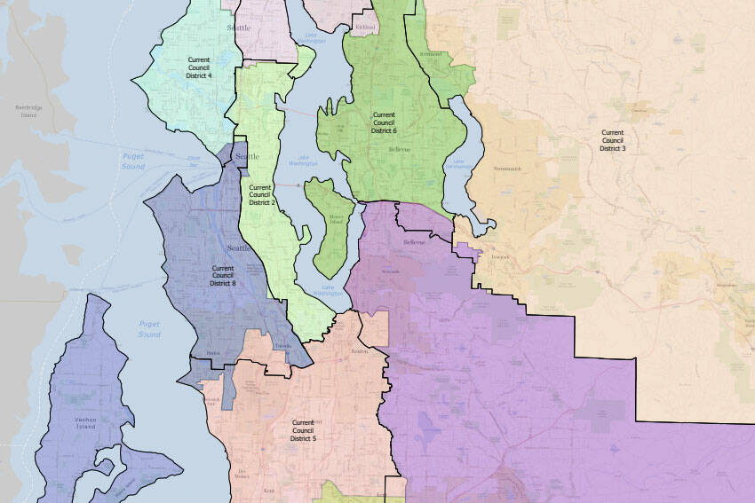 Comparison map between current district map and proposed draft. (Screenshot from King County’s website)