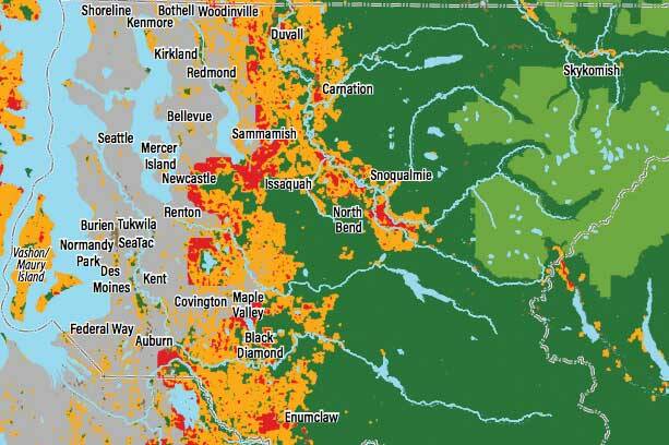 A map showing the expanding areas of wildfire risk in the region. Red areas indicate the greatest wildfire risk areas. (Courtesy of Washington Department of Natural Resources)