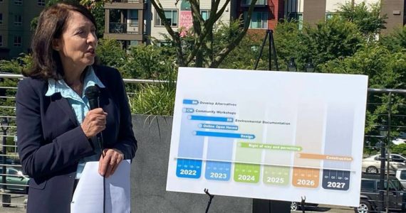 Sen. Cantwell gives remarks at Bothell City Hall on August 16 to celebrate the $19 million RAISE grant towards improving Bothell Way. Courtesy of Sen. Cantwell.