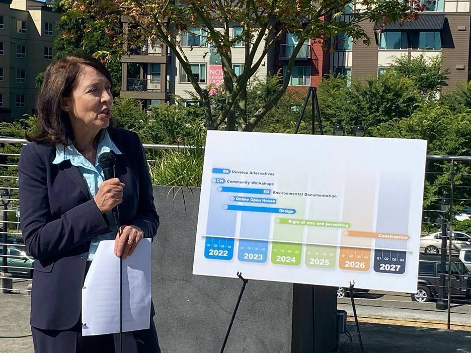 Sen. Cantwell gives remarks at Bothell City Hall on August 16 to celebrate the $19 million RAISE grant towards improving Bothell Way. Courtesy of Sen. Cantwell.