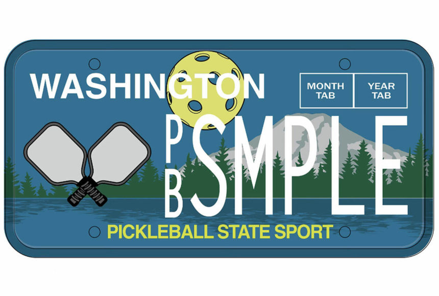 <p>Pickleball Rising license plate, designed by Laramie Studio in Seattle (Seattle Metro Pickleball Association)</p>