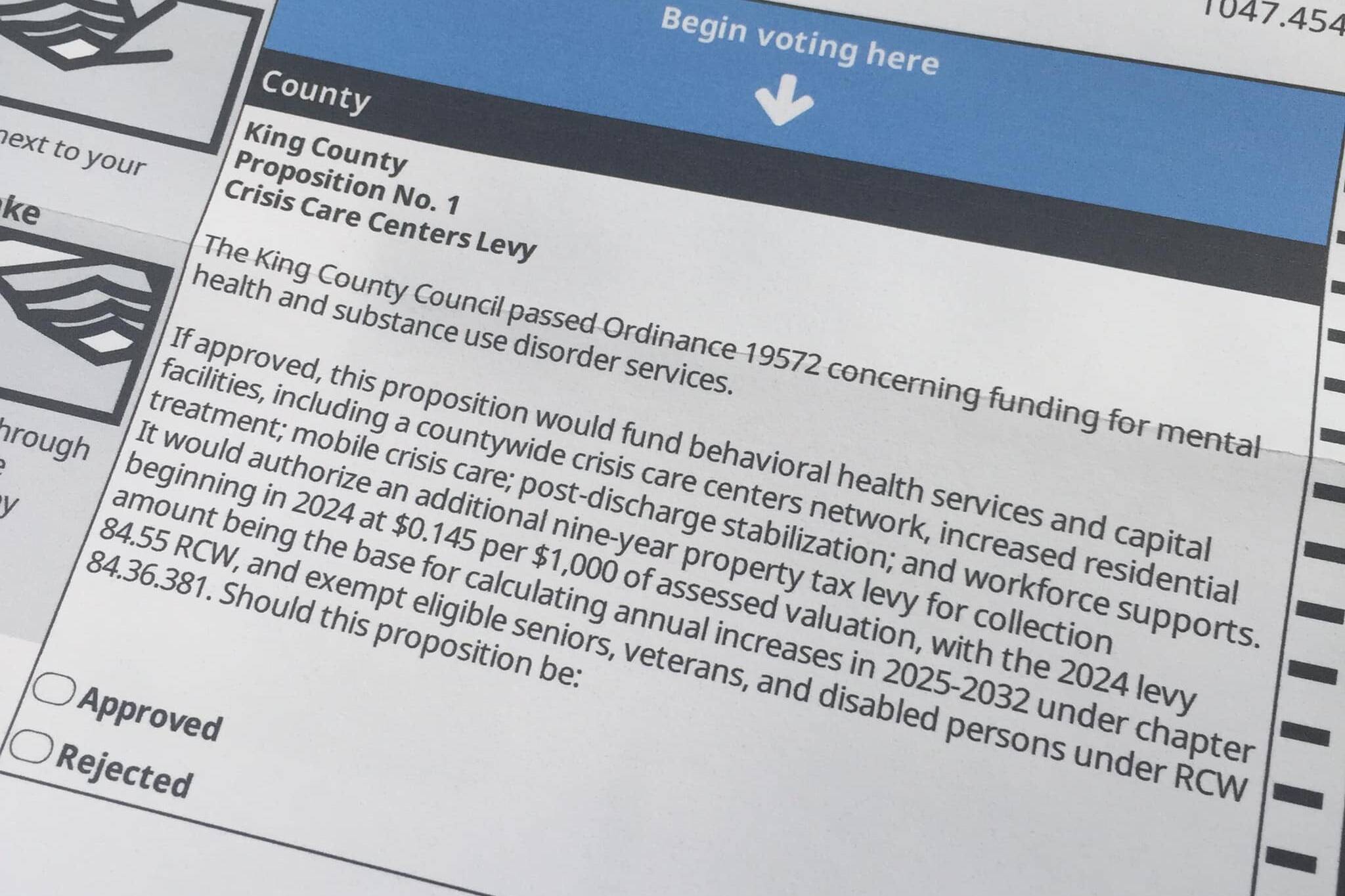 Ballot measure for King County Crisis Care Levy. File photo