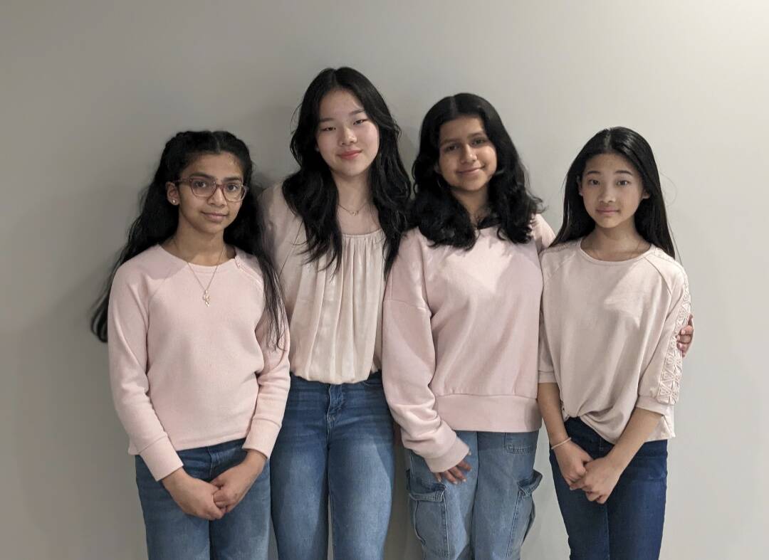 Courtesy photo.
The STEM Girls!!! are one of seven American regional winners for their app “MyChoiceHousing.” From left to right: Aditi Juluri, Isabel Xu, Hasini Juluri, Cynthia Xu.