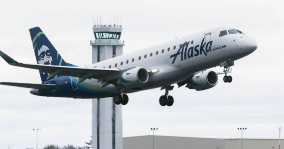 An Alaska Airlines plane takes off from Paine Field in Everett, Washington. (Andy Bronson / The Herald file)