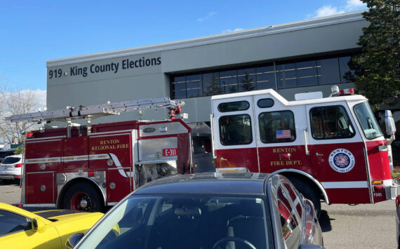 The Renton Regional Fire Authority responds Nov. 8 to King County Elections headquarters in Renton after a white substance was found in an envelope. COURTESY PHOTO, Renton RFA