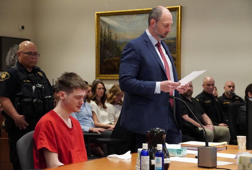 <p>Chase Jones and his attorney Brad Barshis reading Jones’ statement to the judge. Photo by Joshua Solorzano/Sound Publishing</p>