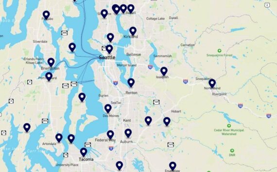 Map of some scheduled protests in the Puget Sound area. (Screenshot courtesy of nokings.org)