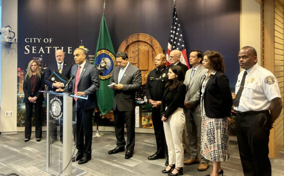 Washington state Attorney General Nick Brown speaks at a press conference alongside Seattle Mayor Bruce Harrell and other local officials on Monday, Sept. 29 at Seattle City Hall. (Photo by Jake Goldstein-Street/Washington State Standard)