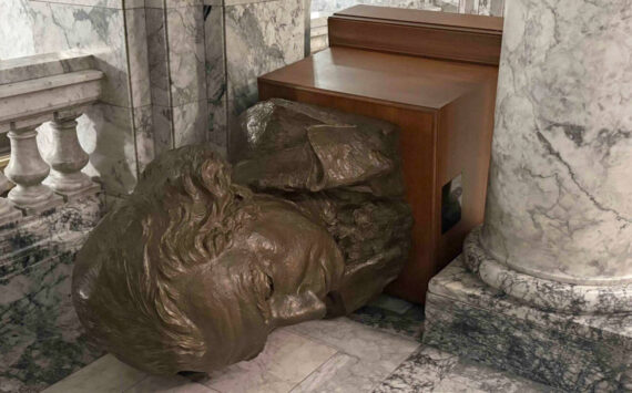 A bust of George Washington lies tipped over on the third floor of the Washington state Capitol building in Olympia, after a vandal broke in and caused damage on Sunday night. (Photo courtesy of Department of Enterprise Services)