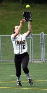 Inglemoor High's Stephanie Soule makes a catch during last night's 4A Kingco Tournament fastpitch action at Hartman Park in Redmond. The Vikings defeated Ballard