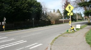 Flowers were laid at the crosswalk on 61st and 190th in Kenmore in honor of Caleb Shoop