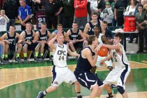 Cedar Park's Evan Scholten strips Isaac Reimer with seven seconds to go during the consolation final to clinch third in state.