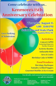 Kenmore will celebrate its 15th anniversary on Thursday during the Kenmore Concert Series at St. Edward Park.