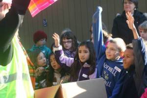 Employees from Republic Services brought their 'Recycle Rosie & Garbage Gus' education program to Canyon Creek Elementary second-grade students in Bothell Friday afternoon. From left center