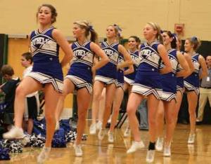 The Bothell High cheer team — pictured in action last Friday during the boys basketball game at Inglemoor High — placed first at the Washington Intercollegiate Athletic Association State Cheerleading Championships held Jan. 23 in Everett. The team placed second in its first competition and placed first in the next two. The team has also competed in several regional competitions.  In addition to supporting Bothell High athletics