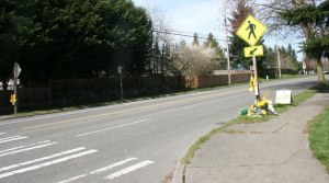 Flowers were laid at the crosswalk on 61st and 190th in Kenmore in honor of Caleb Shoop