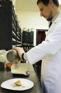 Dr. Sean Bradley measures out Myrrh for use in a personal poultice for aches and pains. Bradley researches the historic trade in Myrrh and how it spread throughout ancient cultures.