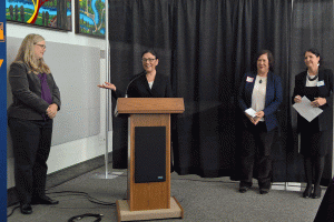University of Washington Bothell Assistant Vice Chancellor for Government and Community Relations Kelly Snyder, Congresswoman Suzan DelBene, Workforce Development Council of Seattle-King County Chief Administrative Officer Marcelle Wellington and Workforce Snohomish Chief Executive Officer Erin Monroe greet employers and job seekers at the 1st District Career Fair Oct. 28 at the North Creek Events Center. Contributed photo
