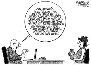 Riding light rail in an urn | Cartoon for Oct. 3 - Frank Shiers