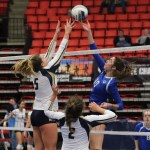 Bothell senior Sydney Cowan (10) goes for a tip over Mead&rsquo;s Lee Madison (5) in the quarterfinals of the Class 4A state tournament on Friday, Nov. 11. Mead won in three sets. WILLY PAINE/Contributed photo