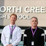 Assistant principal Joseph Robertson, left, and principal Eric McDowell stand at the entrance of North Creek High, the new Northshore School District building scheduled to open in Sept. 2017. JOHN WILLIAM HOWARD/Bothell-Kemore Reporter