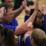 Bothell head coach Kent Shaefer, at left, talks with the team before the third quarter at Woodinville High School on Jan. 6. JOHN WILLIAM HOWARD/Bothell-Kenmore Reporter