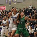 Bothell senior Taya Corosdale (5) and Woodinville&rsquo;s Alena Coomer (44) battle for position during the 4A KingCo tournament championship game on Thursday in Kirkland. JOHN WILLIAM HOWARD/Bothell-Kenmore Reporter